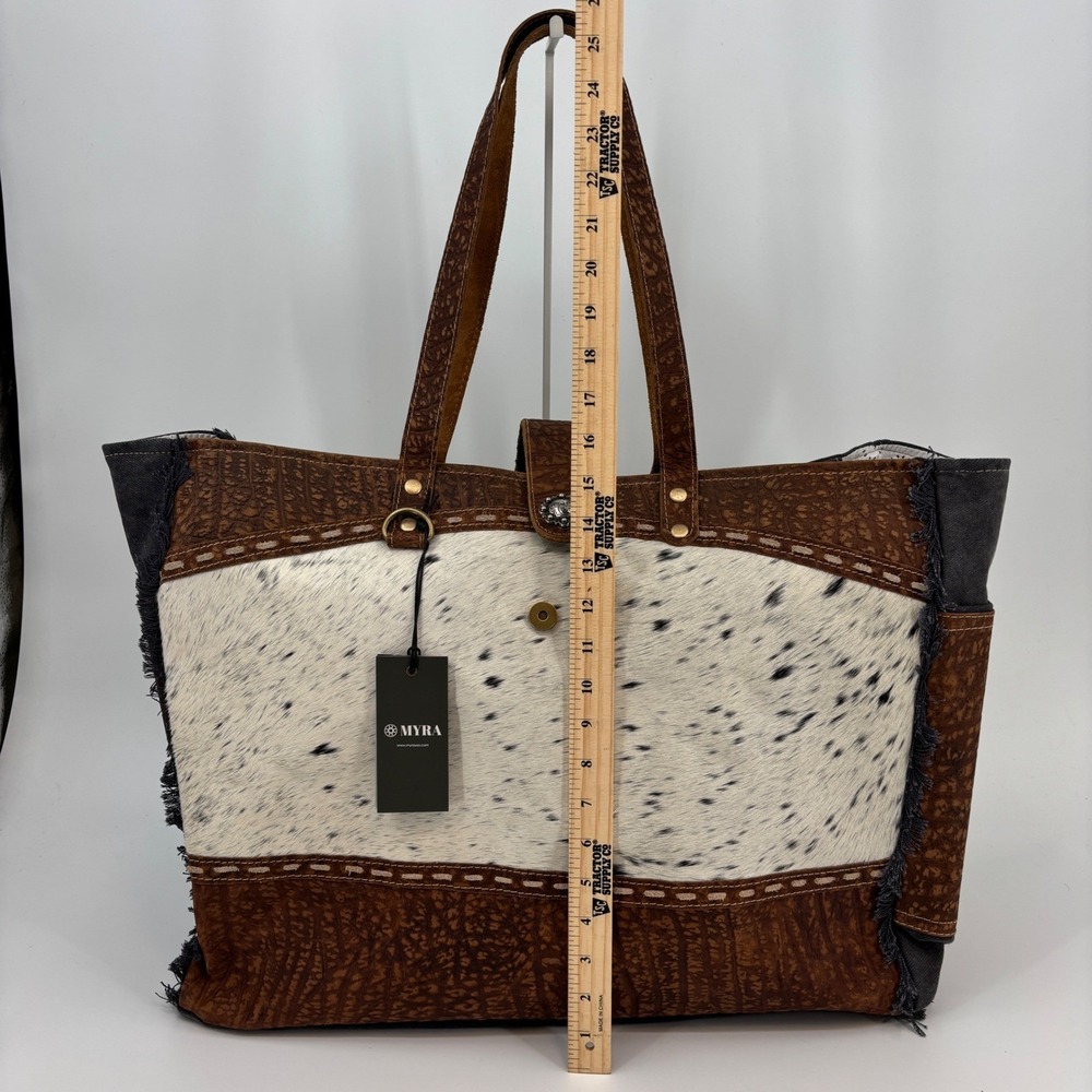 Myra Asher Weekender Bag Womens Large Brown Cowhide Leather Canvas S-6780 NWT - Picture 4 of 14